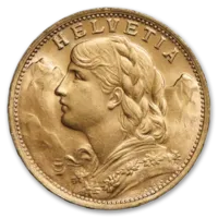 Swiss Gold 20 Francs Helvetia Coin Avg Circulated - Random Year