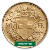 Swiss Gold 20 Francs Helvetia Coin Avg Circulated - Random Year