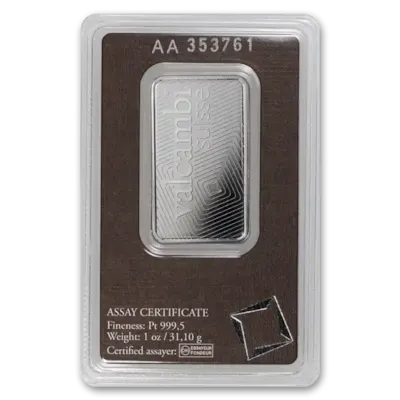 1 oz Platinum Valcambi Bar w/ Assay Card