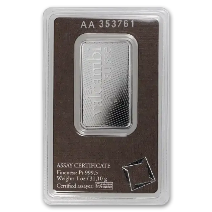 Buy 1 oz Platinum Valcambi Bar w/ Assay Card | Bullion.com