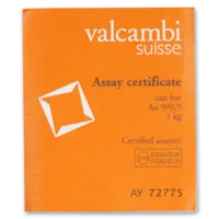 1000 gram Gold Valcambi Cast Bar w/ Assay Card