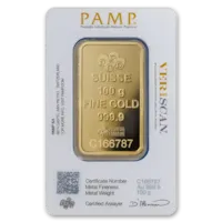 100 gram Gold PAMP Suisse Lady Fortuna Veriscan® Bar w/ Assay