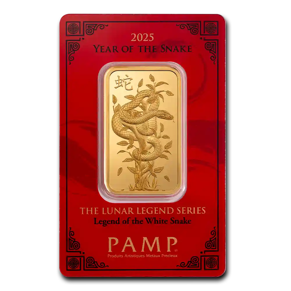 1 oz Gold Bar - PAMP Suisse Lunar White Snake Assay Card | Bullion.com