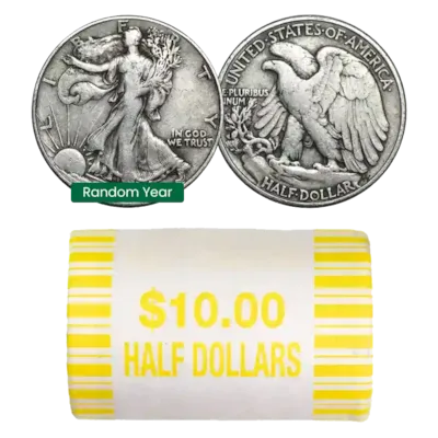90% Silver Walking Liberty Halves - $10 20-Coin Roll Avg Circ
