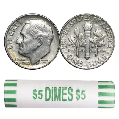 90% Silver Roosevelt Dimes - 50-Coin Roll Avg Circ