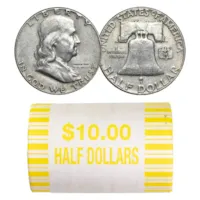 90% Silver Franklin Halves - $10 20-Coin Roll Avg Circ