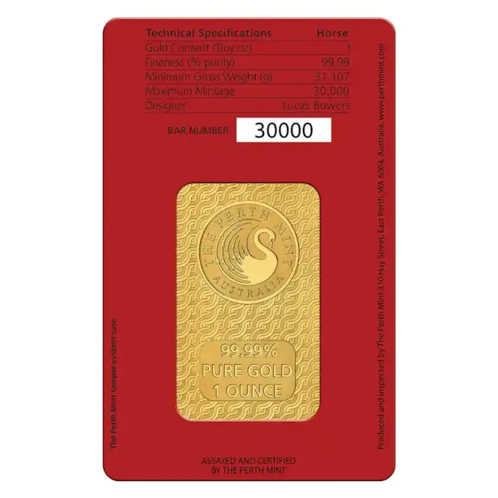 2026 1 oz Gold Bar - Perth Mint Lunar Horse w/ Assay | Bullion.com